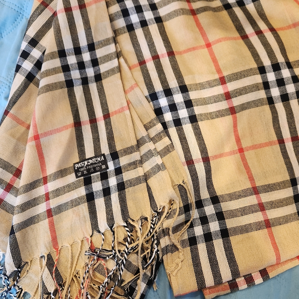 pashmina Beige Plaid Fringe Scarf Wrap
